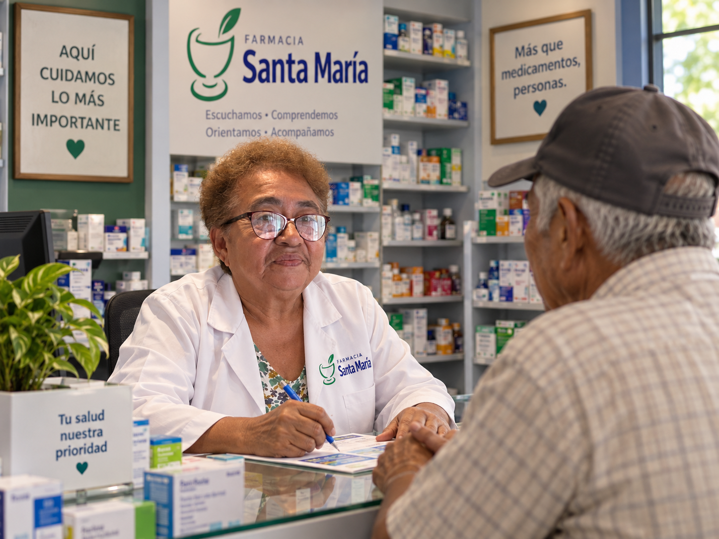Farmacéutica de Farmacia Santa María atendiendo a un cliente en el mostrador